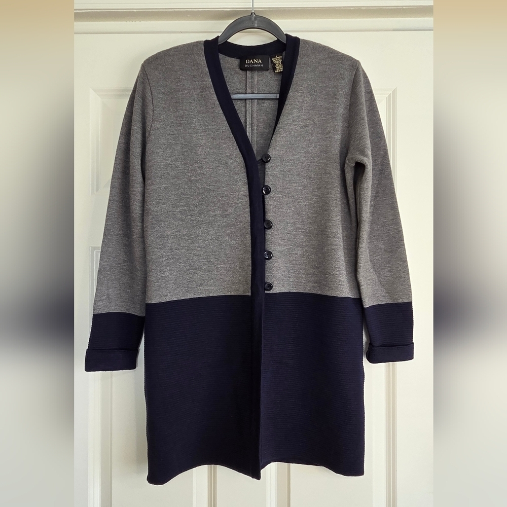 Vintage Dana Buchman Extra Fine Merino Wool Grey & Navy Long Cardigan - Size Sm